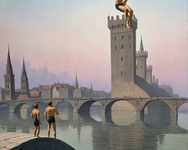 Serene sunset scene with castle and boys by water