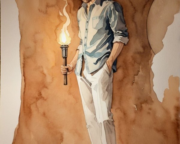 Tall Figure with Torch in Light Blue Attire