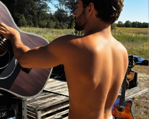 Young man with guitar in rustic outdoor setting