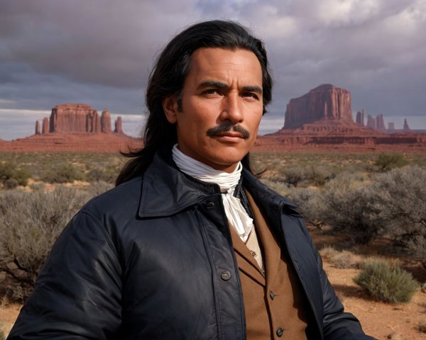 Man in desert landscape with red rock formations