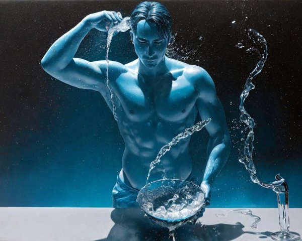 Muscular Man Pours Water in Dark Blue Setting