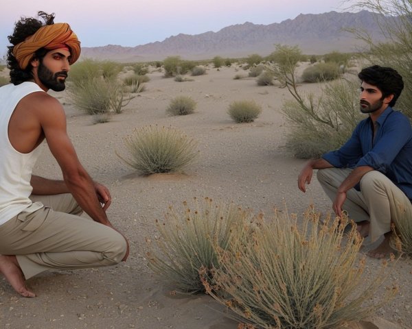 Desert Landscape with Two Men at Twilight