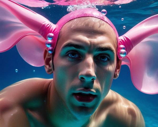 Man with blue eyes in pink cap submerged in water