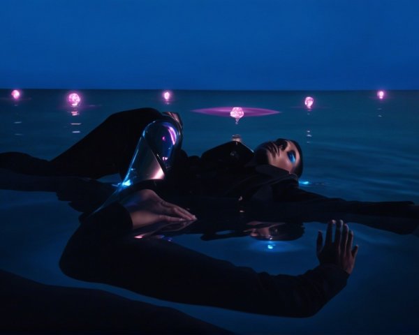 Surreal Scene of Figure in Dark Water with Pink Orbs