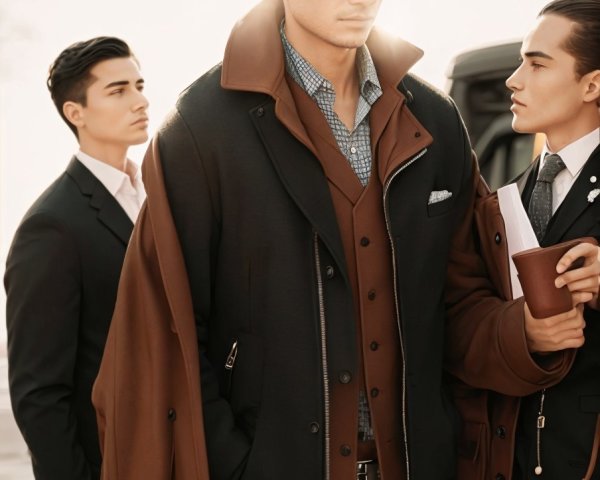 Fashionable Men in Modern Layered Attire in Urban Setting