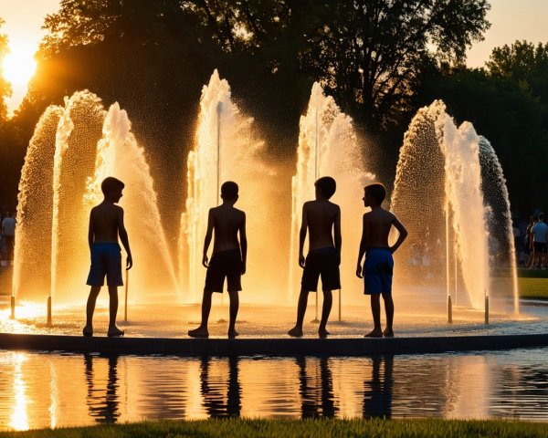 Boys Playing in Fountain at Vibrant Sunset