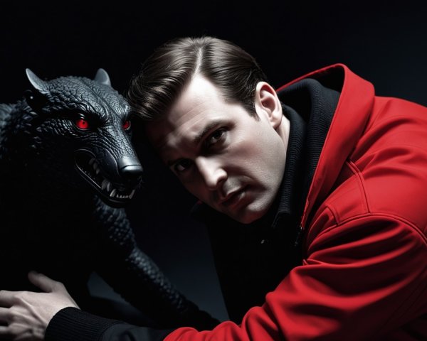 Man in Red Jacket by Fierce Black Wolf Statue