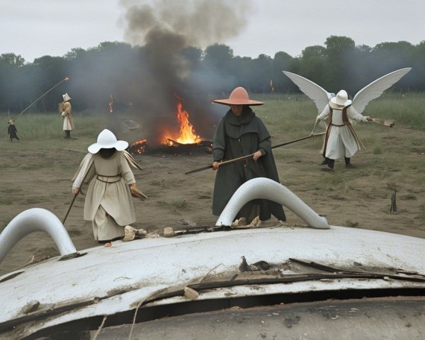 Surreal Landscape with Cloaked Figures and Wings