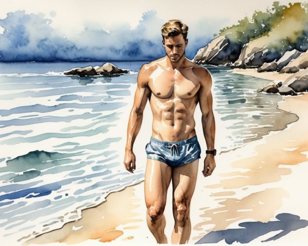 Toned Man Walking on Serene Beach in Watercolor