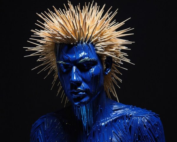 Textured Blue Artistic Figure with Wooden Sticks