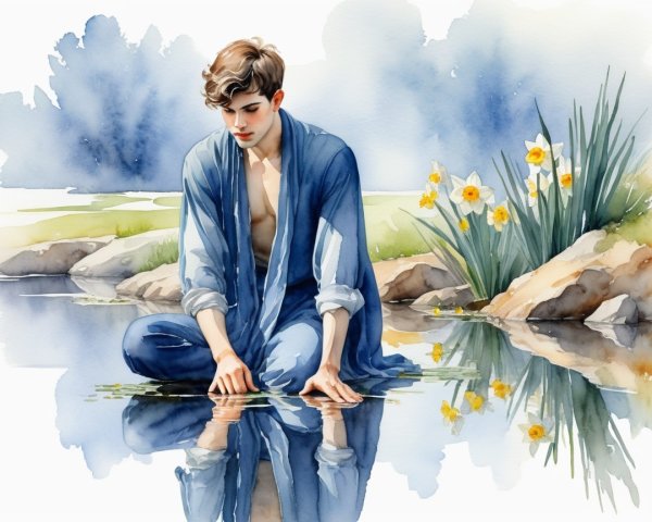 Young man by tranquil pond in blue robe with daffodils