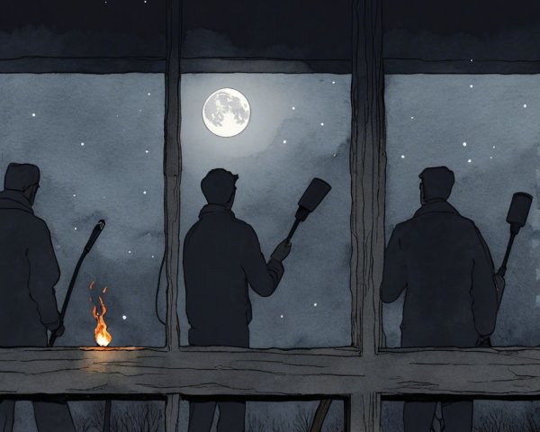 Silhouetted Figures in a Dimly Lit Room at Night