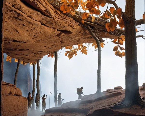 Hikers in a Misty Canyon with Towering Rock Formations