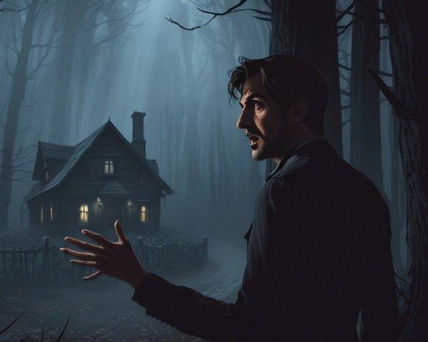 Man in shadowy forest near eerie cottage at night