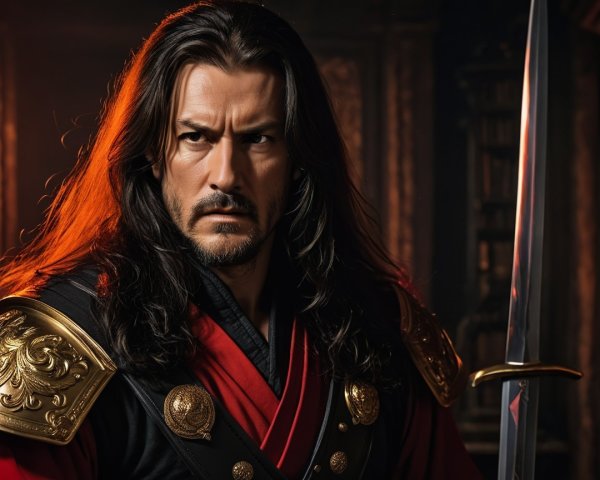 Warrior with Sword in Detailed Red and Black Outfit