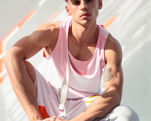 Young man in trendy athletic outfit with tattoos