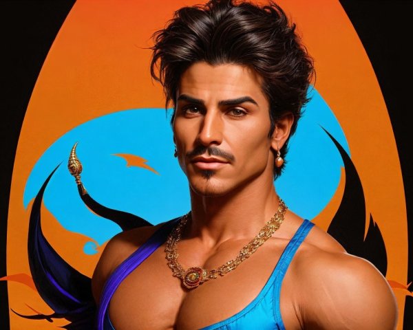 Male Character with Dark Hair Against Vibrant Background