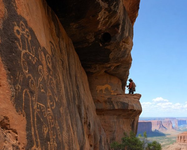 Person Observing Ancient Petroglyphs on Rocky Ledge