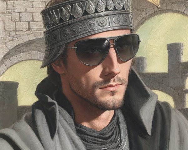 Portrait of a man in crown and sunglasses against stone