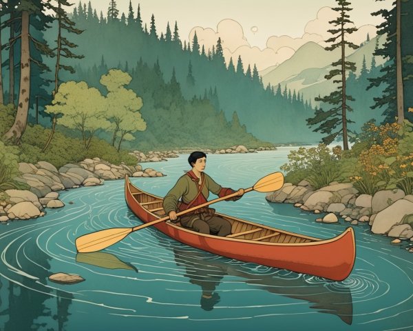 Lone Canoeist on a Calm River Surrounded by Nature