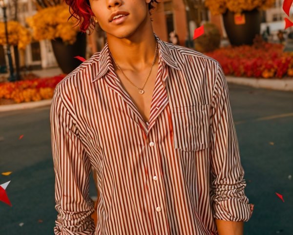 Young man in autumn setting with vibrant hair highlights