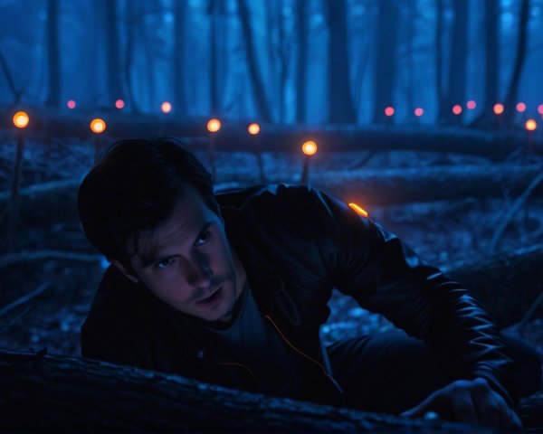 Young man in a mysterious, dimly lit forest scene