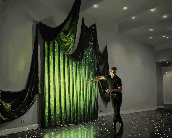 Dancer in Black Outfit Amidst Elegant Green Drapery