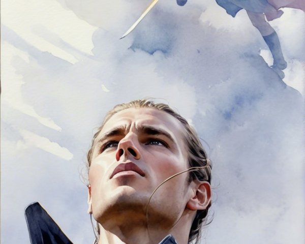 Dramatic Watercolor Scene of Heroic Figures and Armor