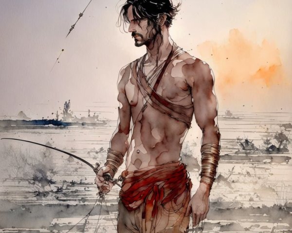 Muscular Man with Spear in Desolate Sunset Landscape
