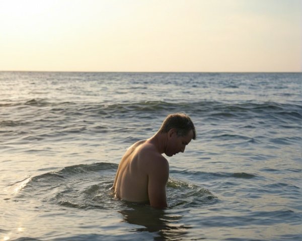 Man in Shallow Water Gazing at Ocean at Sunset