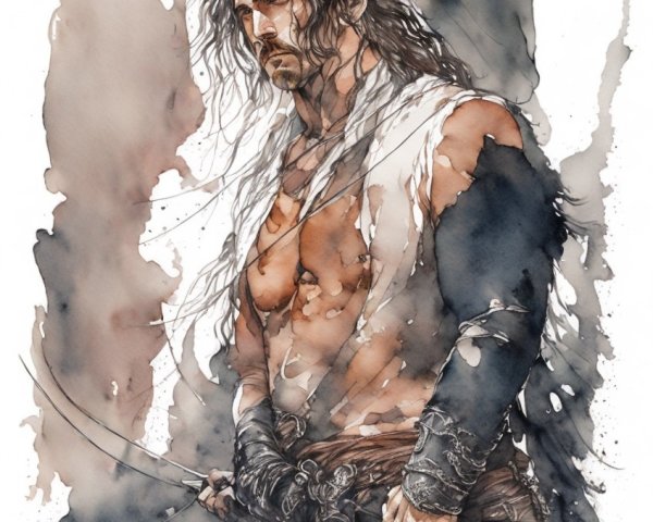 Muscular warrior with dual swords in watercolor setting