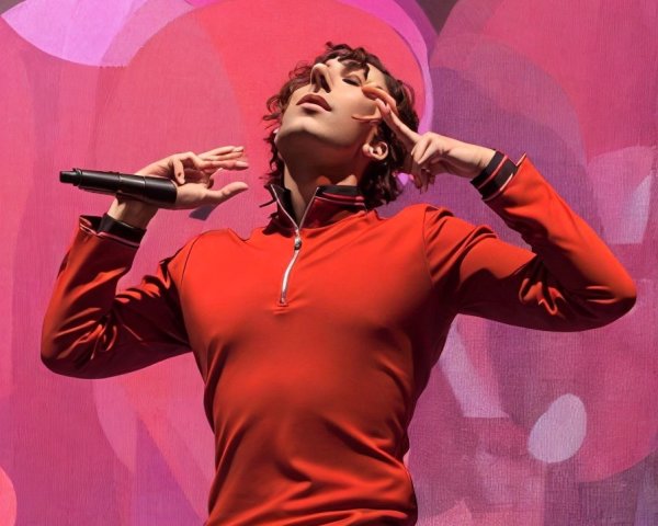 Performer in Red Top Expressing Emotion on Stage