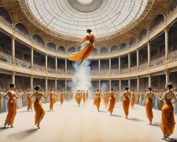 Dancers in Orange Gowns Perform in Circular Hall