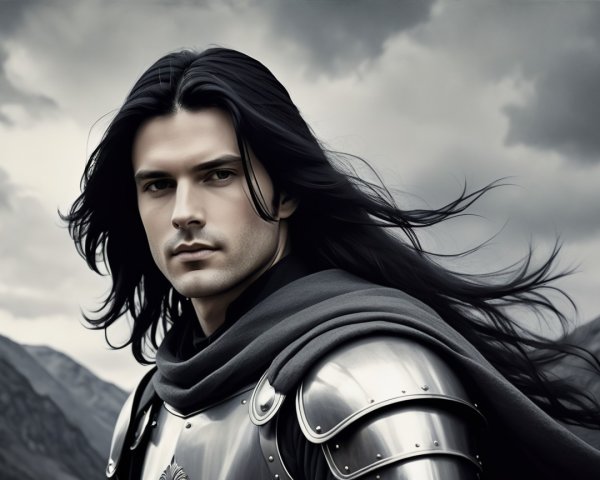 Portrait of a man in armor with dramatic sky backdrop