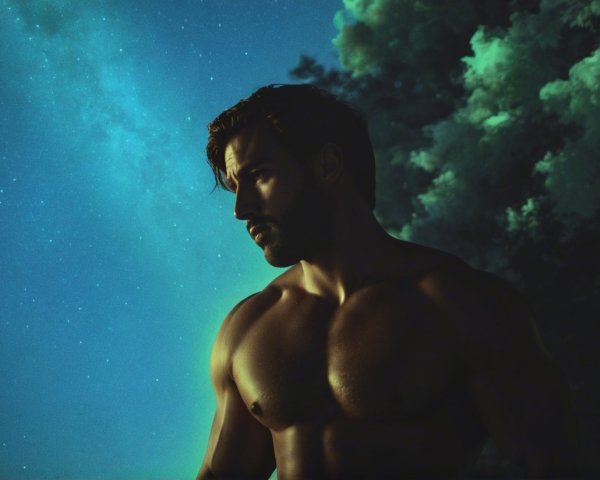 Muscular Man Against Starry Night Sky Background