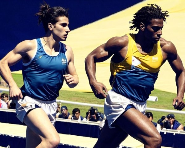 Male Athletes Competing in Race on Blue Track