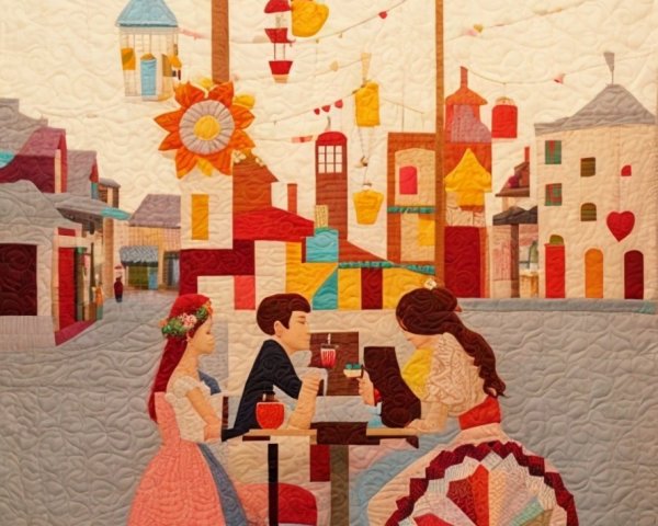 Vibrant Quilt of Colorful Street Scene with Lanterns