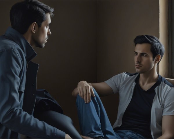 Two young men in a dimly lit indoor setting