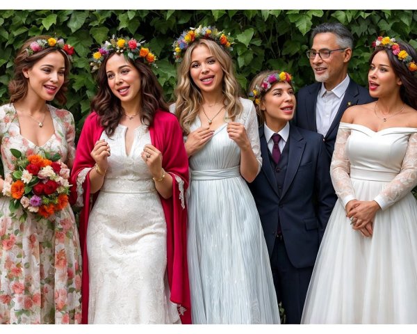 Group of six in floral crowns celebrating outdoors