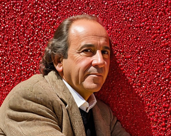 Middle-aged man in beige blazer against red wall