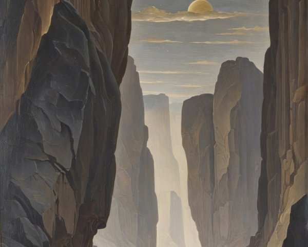 Majestic canyon with figures and serene moonlight