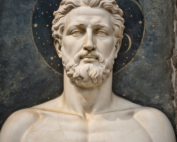 Marble Statue of Muscular Male Figure with Celestial Background