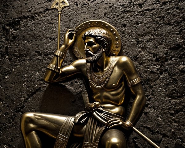 Bronze Statue of Muscular Bearded Figure with Spear