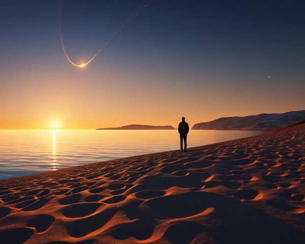 Solitary Figure at Sunset Beach with Celestial Horizon