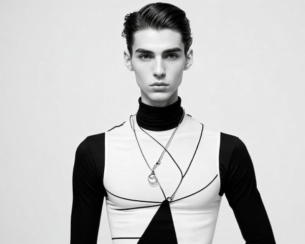 Black-and-white portrait of a young male model's outfit