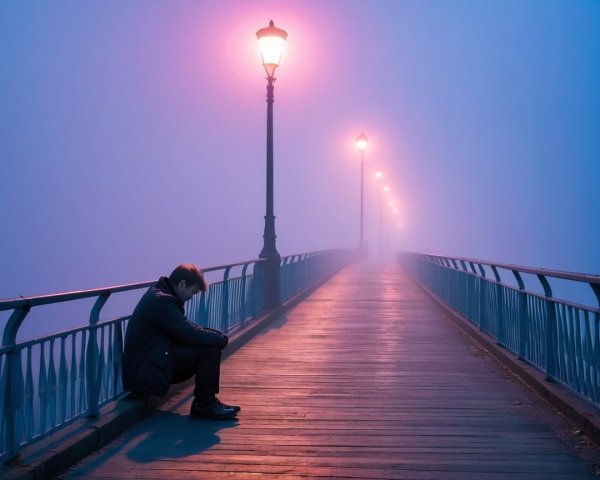 Solitary Figure on a Foggy Bridge at Night