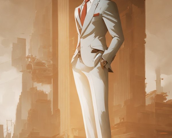 Stylish figure in light gray suit with futuristic cityscape