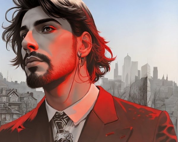 Stylish Young Man in Red Suit Against City Skyline