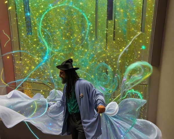 Stylish Figure in Blue Coat Amid Colorful Lights