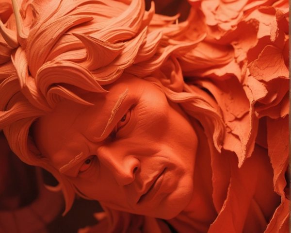 Detailed sculpture with striking facial features and textures